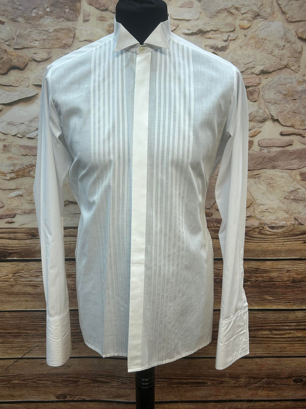 Weißes Vintage Smokinghemd Gr. 38 mit Kläppchenkragen für Fliege und Manschetten für Manschettenknöpfe, elegante Streifenfront
