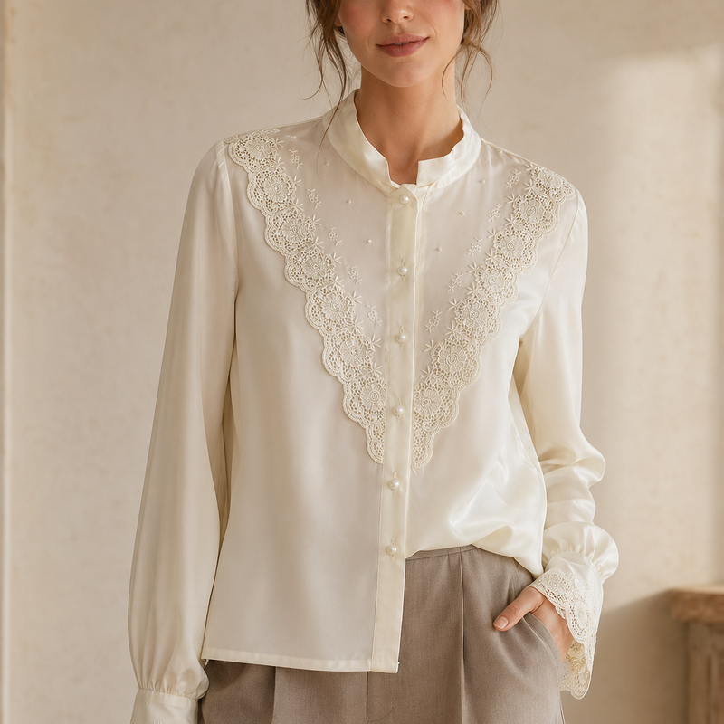 „Vintage Spitzenbluse in Cremeweiß mit Perlenknöpfen und langen Ärmeln mit Model“