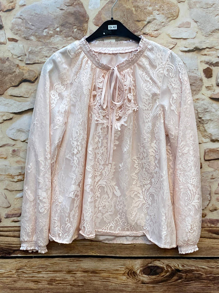 „Vintage Spitzenbluse rosa transparent Boho Stil Größe 42“