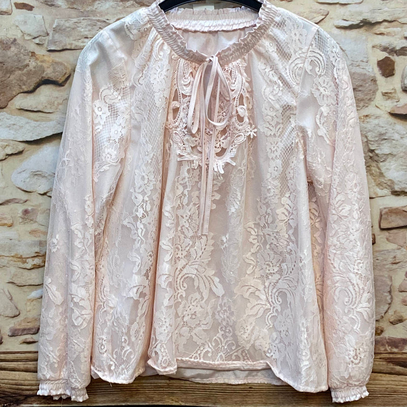 „Vintage Spitzenbluse rosa transparent Boho Stil Größe 42“