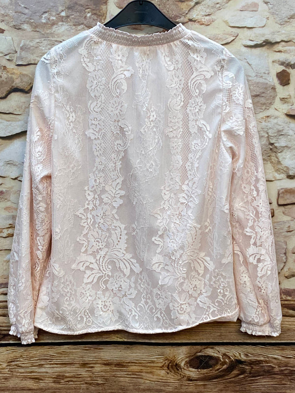 „Rückansicht transparente Spitzenbluse Damen rosa“