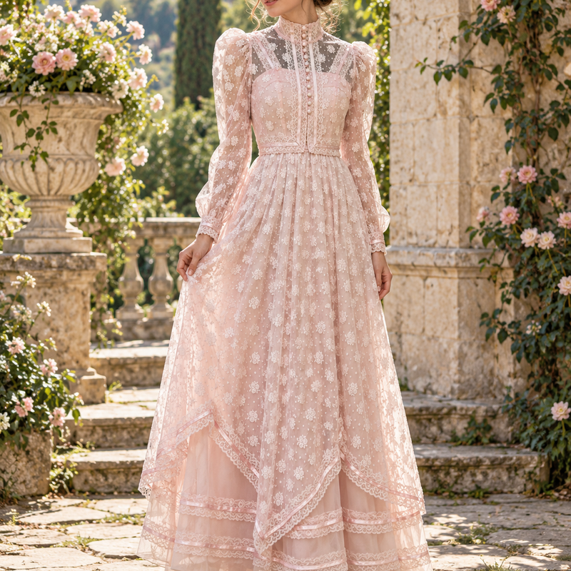 Langes rosafarbenes Vintage Spitzenkleid mit Stehkragen, langen transparenten Ärmeln und romantischem Volantrock