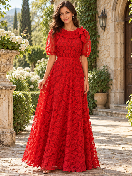 Langes rotes Vintage Spitzenkleid mit transparenten Ärmeln, Rüschen am Ausschnitt und Schleifendetail an der Schulter
