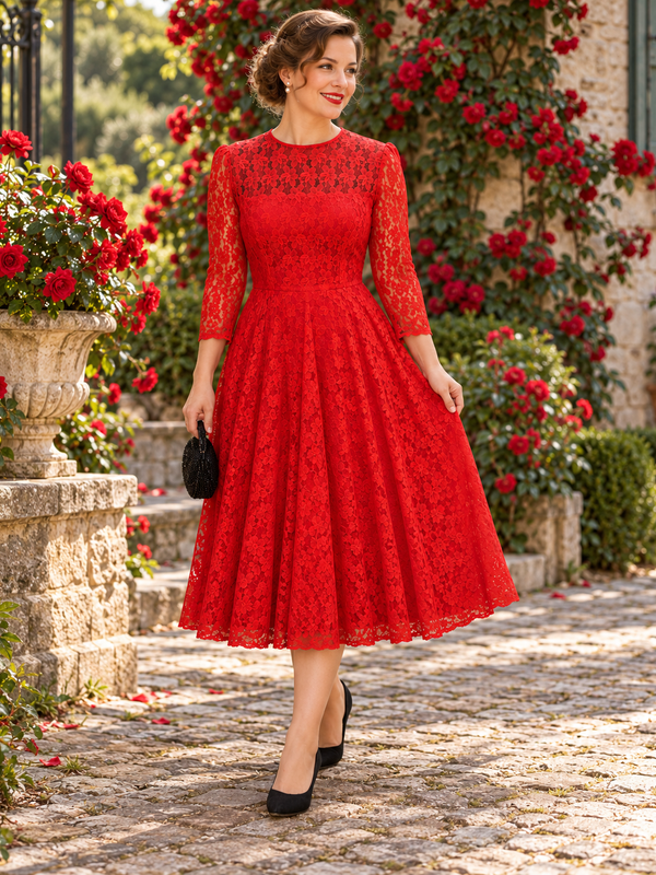 Wadenlanges rotes Vintage Spitzenkleid mit transparenten Ärmeln, floraler Spitze und ausgestelltem Rock