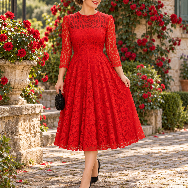 Wadenlanges rotes Vintage Spitzenkleid mit transparenten Ärmeln, floraler Spitze und ausgestelltem Rock