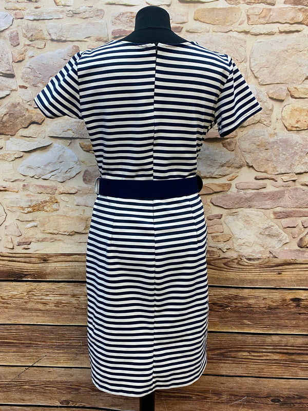 „Rückansicht Vintage Kleid gestreift dunkelblau weiß Damen“