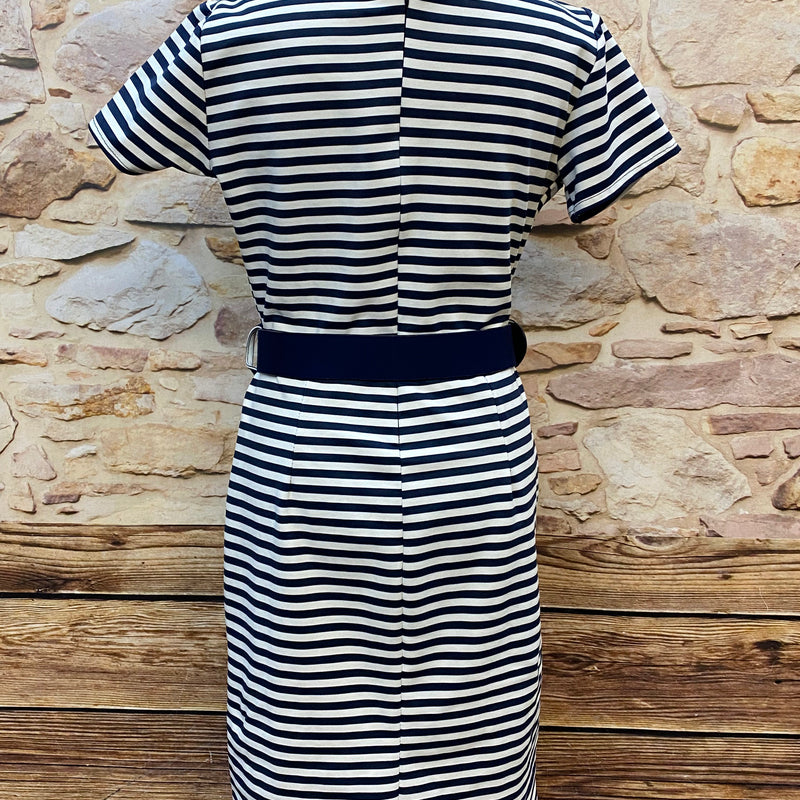 „Rückansicht Vintage Kleid gestreift dunkelblau weiß Damen“