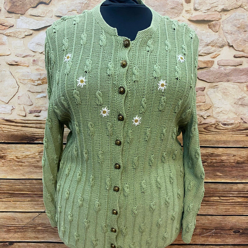 Vintage Strickjacke Damen hellgrün mit Edelweiß-Stickerei und Metallknöpfen Größe 46