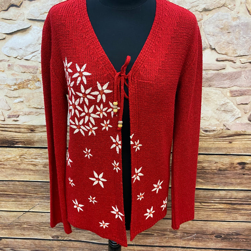 Rote Vintage-Strickjacke Größe 40 mit weißer Blumenstickerei und Bindeband mit Holzperlen