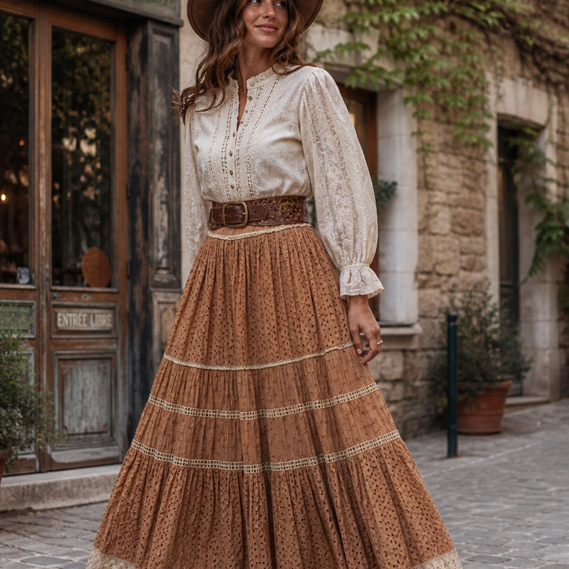 „Vintage Stufenrock Boho Outfit mit Bluse und Hut an Model in romantischer Altstadt Umgebung“