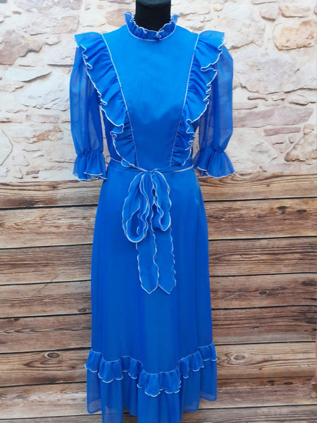 „Blaues Vintage Theaterkleid 70er Jahre mit Rüschen Gr 34“