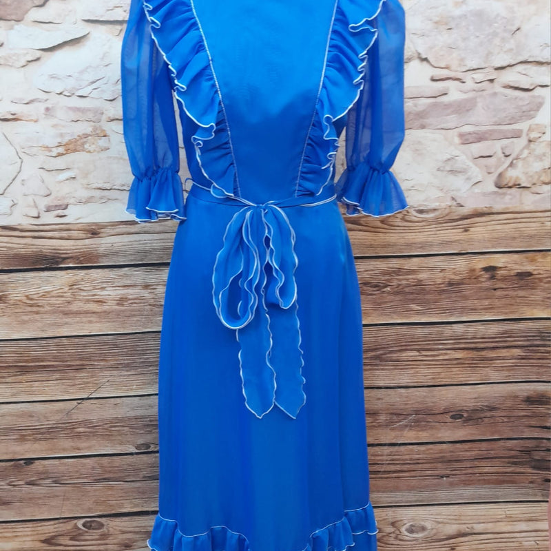 „Blaues Vintage Theaterkleid 70er Jahre mit Rüschen Gr 34“