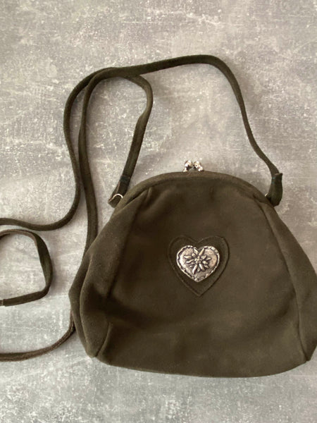 Vintage Trachten-Handtasche in Dunkelgrün mit silberfarbenem Edelweiß-Herz