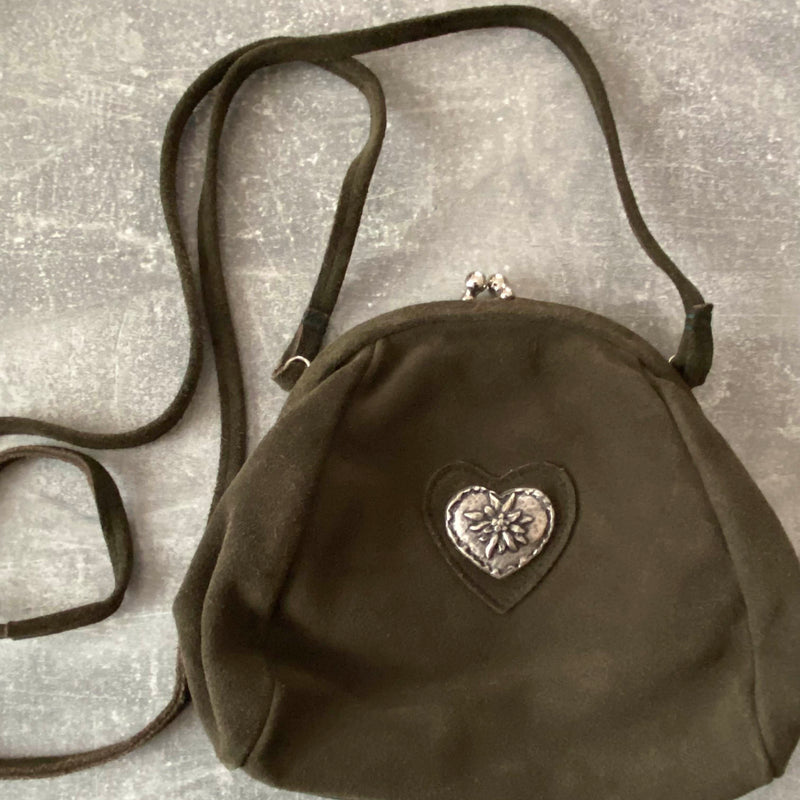 Vintage Trachten-Handtasche in Dunkelgrün mit silberfarbenem Edelweiß-Herz