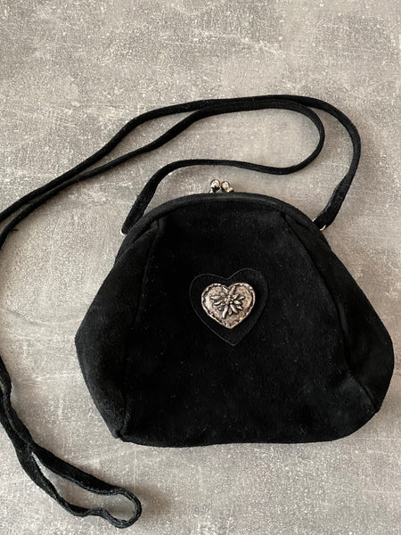 Vintage Trachten-Handtasche schwarz mit silberfarbenem Edelweiß-Herz