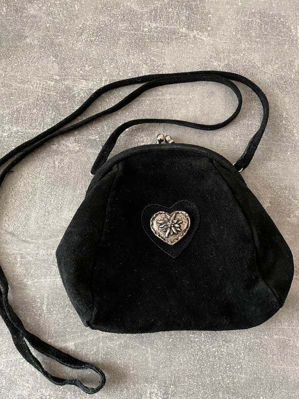 Vintage Trachten-Handtasche schwarz mit silberfarbenem Edelweiß-Herz