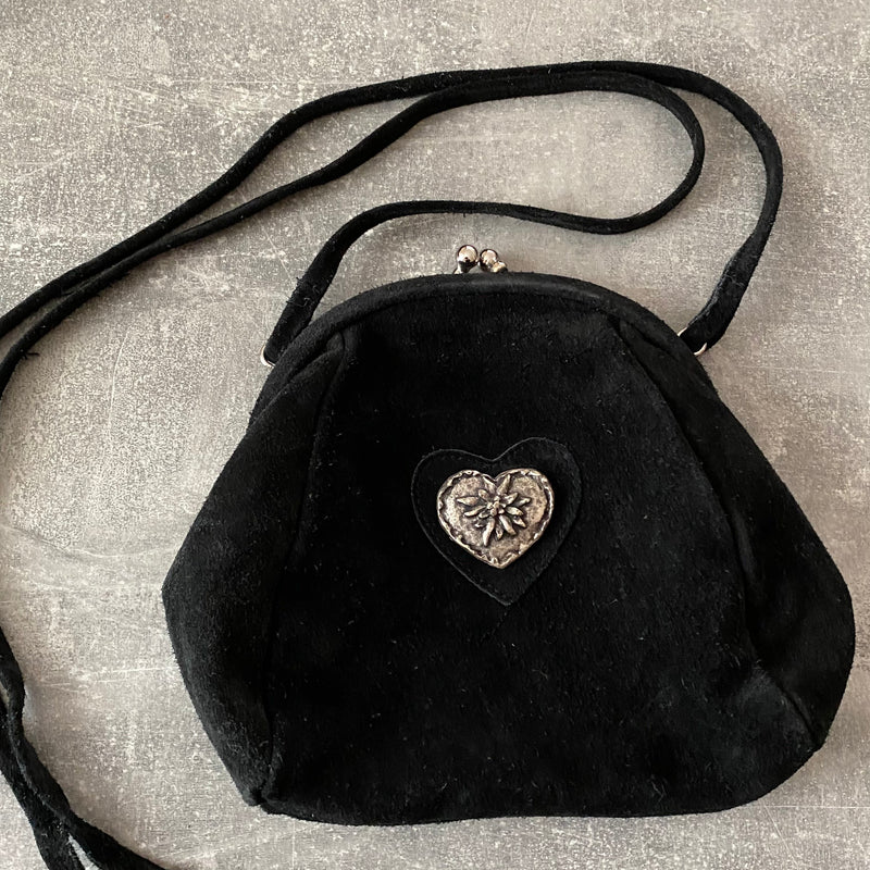Vintage Trachten-Handtasche schwarz mit silberfarbenem Edelweiß-Herz