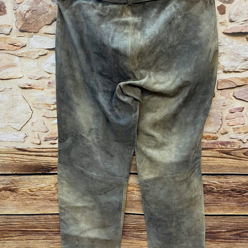 „Trachten Lederhose Herren Rückansicht grau grün lange Form Vintage Zustand“