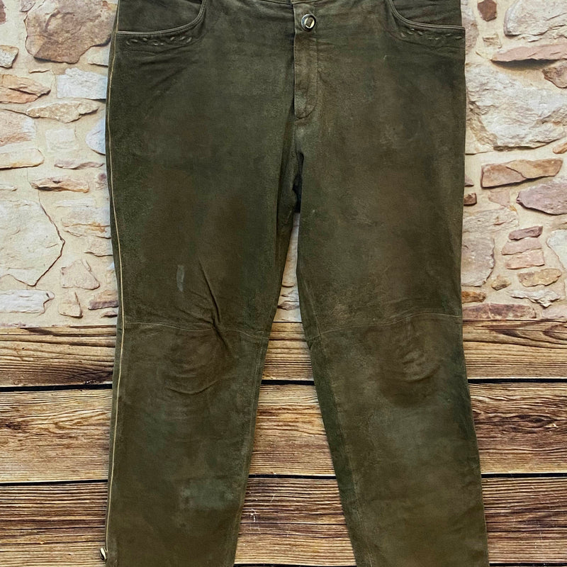 „Vintage Trachten Lederhose Herren grün Vorderansicht Echtleder Größe 56“