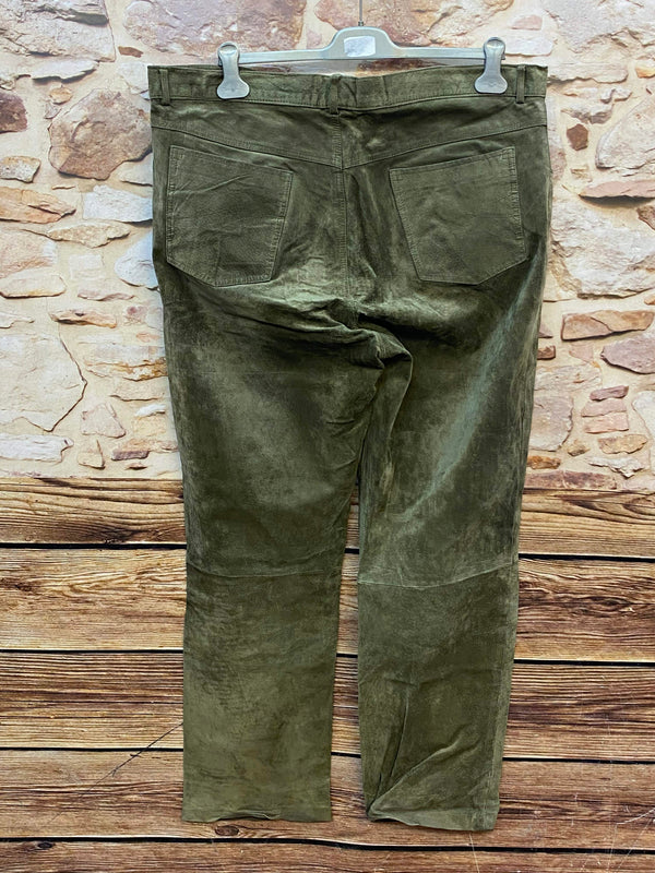 „Trachten Lederhose Herren Rückansicht olivgrün lange Form Vintage Zustand“