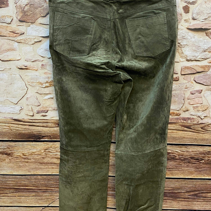 „Trachten Lederhose Herren Rückansicht olivgrün lange Form Vintage Zustand“