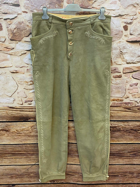 „Vintage Trachten Lederhose Herren hellgrün lang gefüttert Vorderansicht Stickerei“