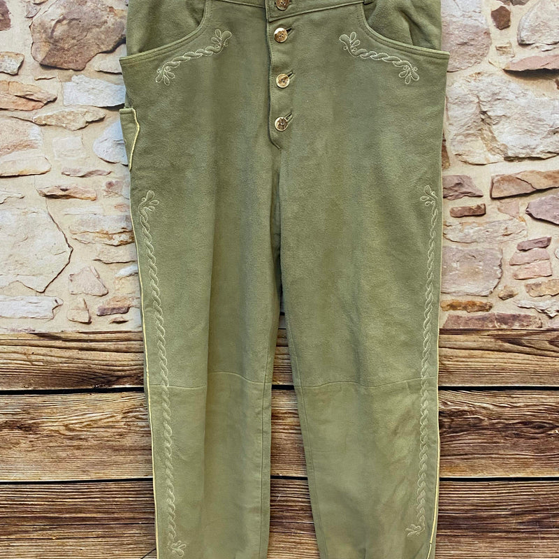 „Vintage Trachten Lederhose Herren hellgrün lang gefüttert Vorderansicht Stickerei“