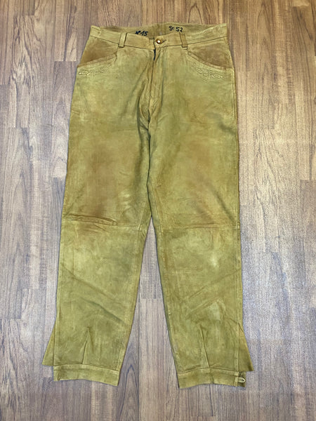 „Vintage Trachten Lederhose Herren lang Echtleder braun oliv Vorderansicht“