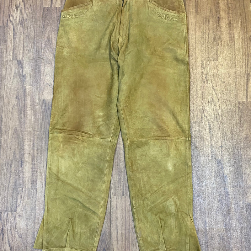 „Vintage Trachten Lederhose Herren lang Echtleder braun oliv Vorderansicht“