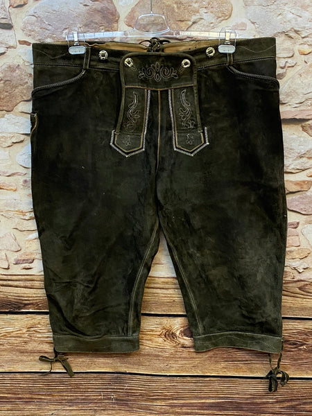 „Hochwertige Vintage Trachten Lederhose Herren olivbraun Größe 60 von Stockerpoint mit heller Stickerei“