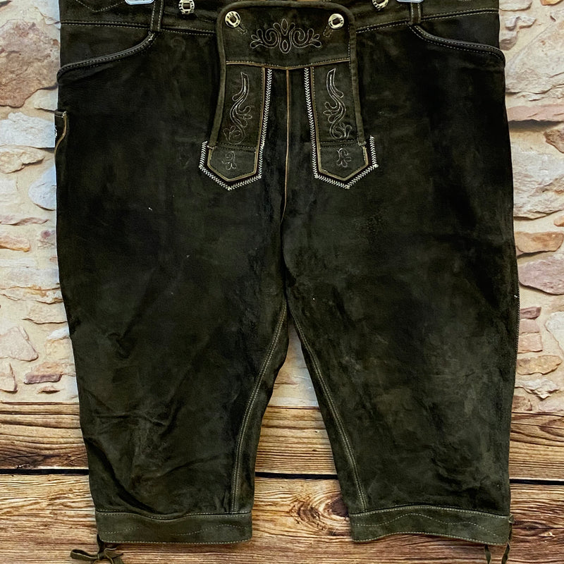 „Hochwertige Vintage Trachten Lederhose Herren olivbraun Größe 60 von Stockerpoint mit heller Stickerei“