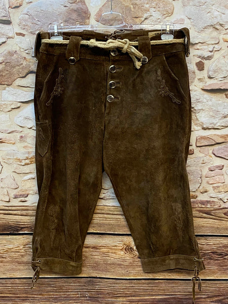 „Hochwertige Vintage Trachten Lederhose Herren dunkelbraun Kniebund Größe 50 52 mit Stickerei und Kordelgürtel“