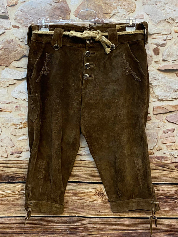 „Hochwertige Vintage Trachten Lederhose Herren dunkelbraun Kniebund Größe 50 52 mit Stickerei und Kordelgürtel“