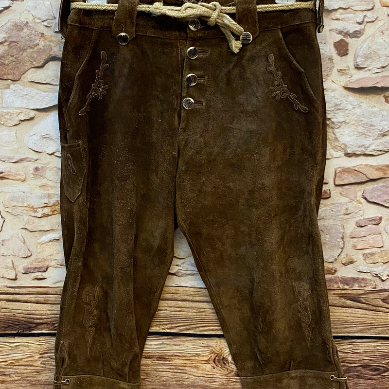 „Hochwertige Vintage Trachten Lederhose Herren dunkelbraun Kniebund Größe 50 52 mit Stickerei und Kordelgürtel“