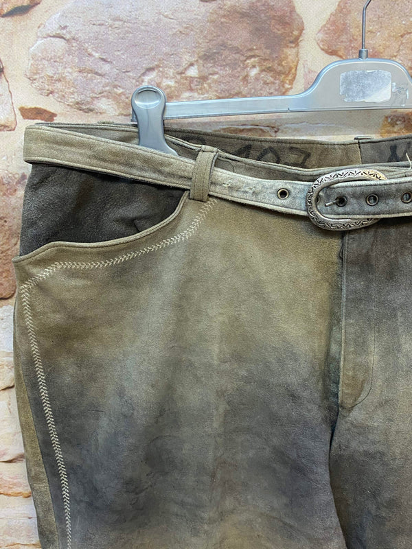 Vintage Trachten Lederhose Herren grau-grün Gr. ca. 54 lange Lederhose Echtleder mit Gürtel, Ansicht 3