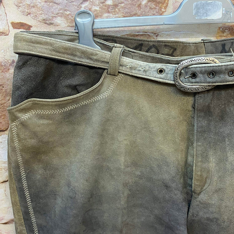 Vintage Trachten Lederhose Herren grau-grün Gr. ca. 54 lange Lederhose Echtleder mit Gürtel, Ansicht 3