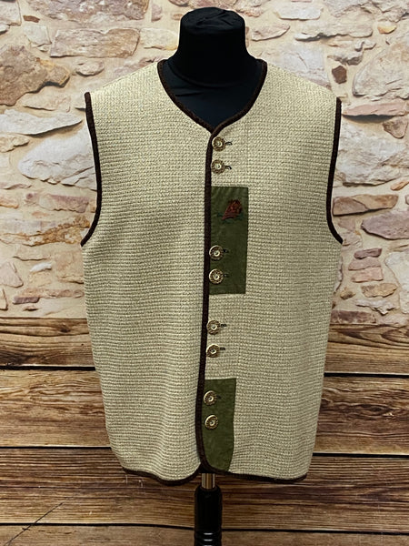 Trachten Strickweste Herren beige mit grüner Stickerei und Hirschhornknöpfen, Vintage Größe 56