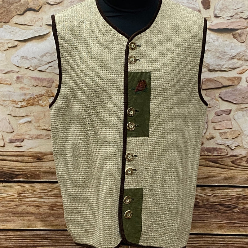 Trachten Strickweste Herren beige mit grüner Stickerei und Hirschhornknöpfen, Vintage Größe 56