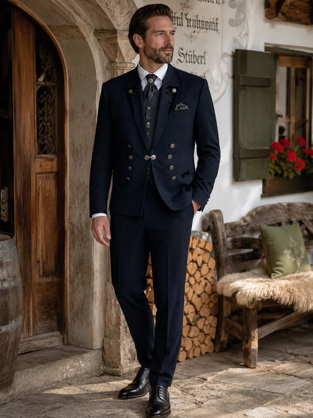Dunkelblauer Vintage Trachtenanzug für Herren mit besticktem Sakko, passender Hose, weißem Hemd, Weste und Krawatte