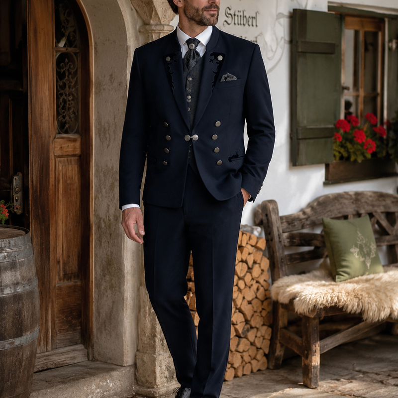Dunkelblauer Vintage Trachtenanzug für Herren mit besticktem Sakko, passender Hose, weißem Hemd, Weste und Krawatte