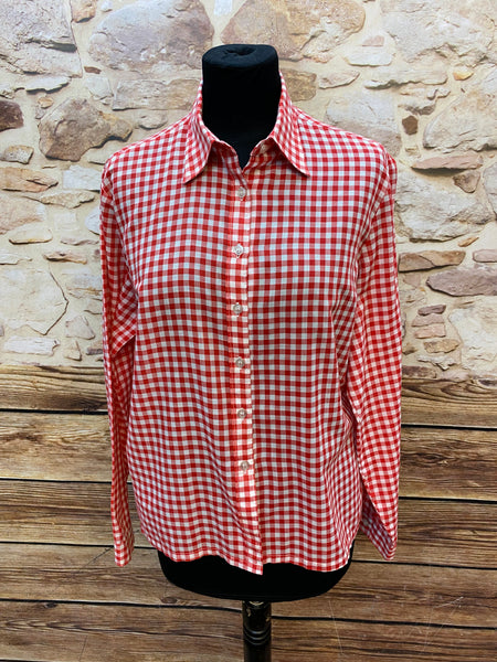 „Vintage Trachtenbluse rot weiß kariert mit langen Ärmeln“