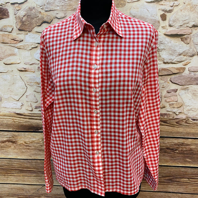 „Vintage Trachtenbluse rot weiß kariert mit langen Ärmeln“