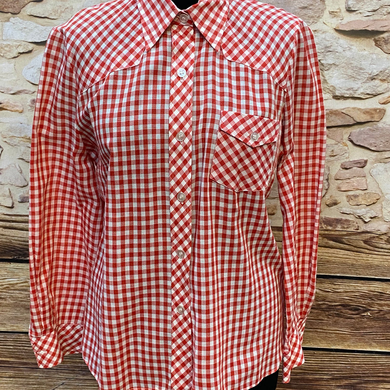 „Vintage Trachtenbluse rot weiß kariert im klassischen Alpenstil“