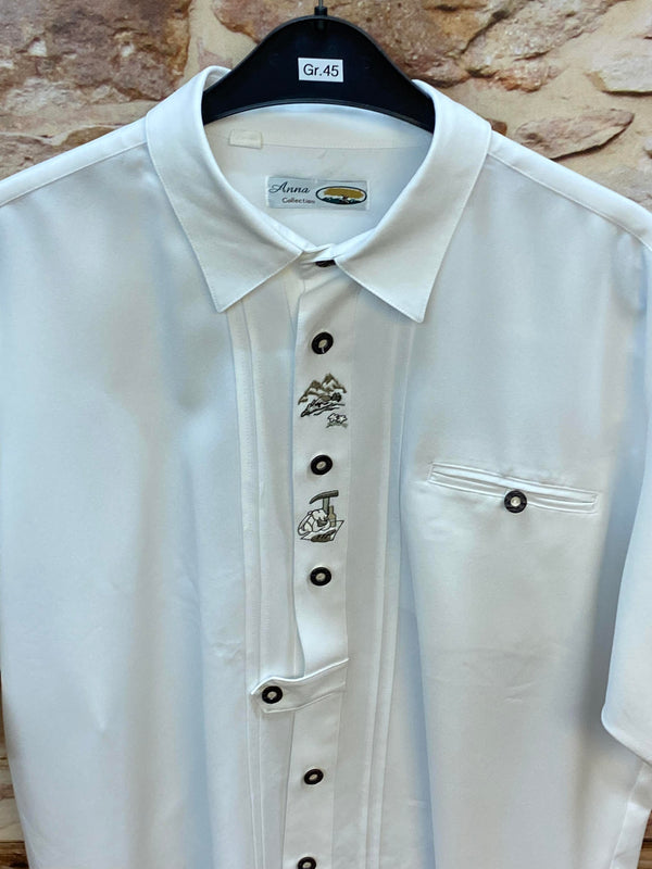 Trachtenhemd Herren Weiß Kurzarm Stickerei Baumwolle Gr. 45 / XXL, Ansicht 2