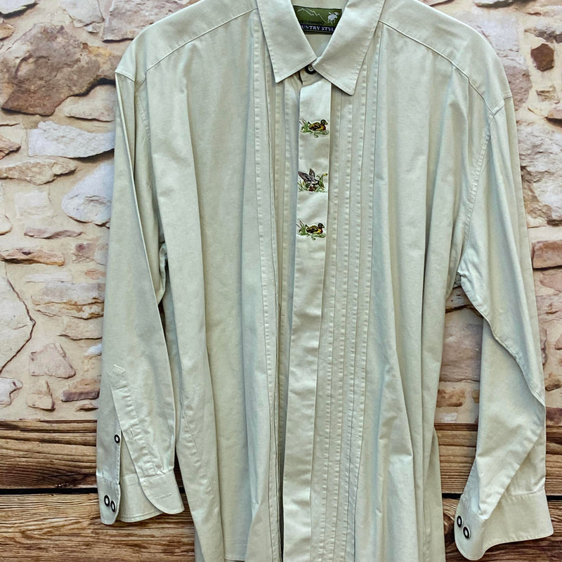 Trachtenhemd Herren beige mit Stickerei Baumwolle Gr. XXL (45/46)