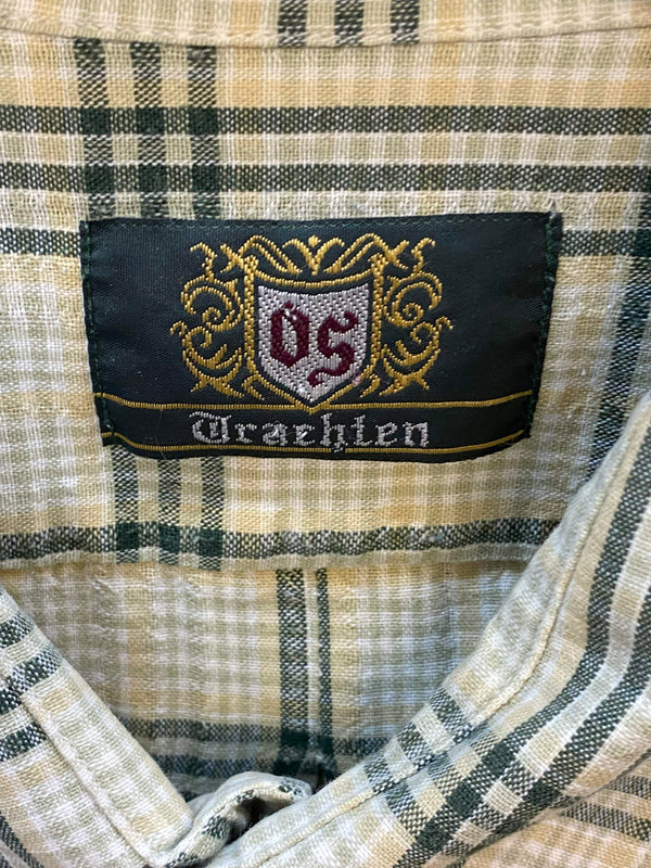 Trachtenhemd Herren kariert grün beige Gr. 46 Vintage