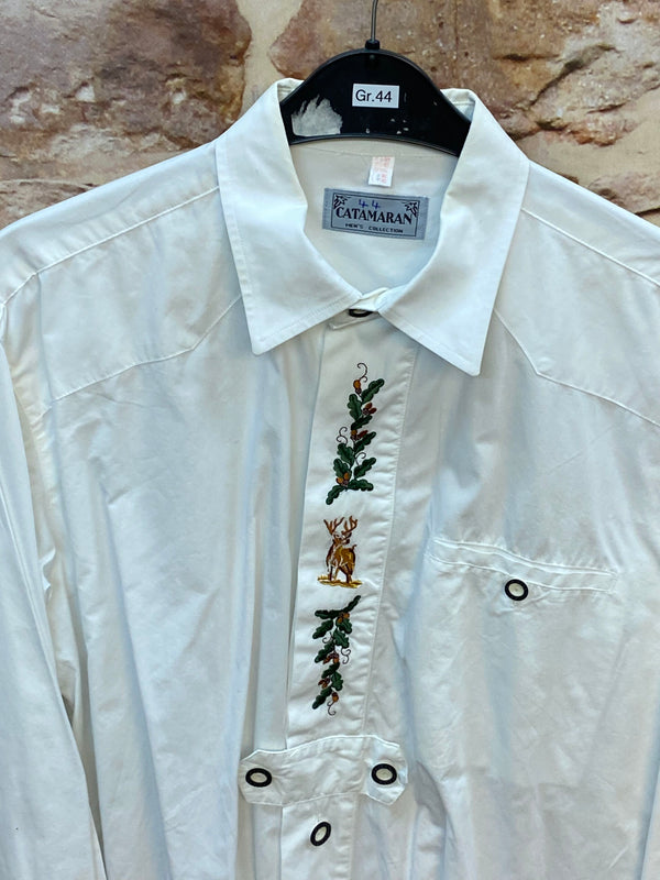 „Detail Hirsch Stickerei Trachtenhemd Herren Vintage weiß“