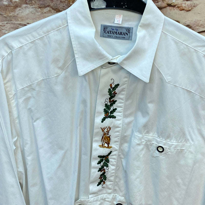 „Detail Hirsch Stickerei Trachtenhemd Herren Vintage weiß“