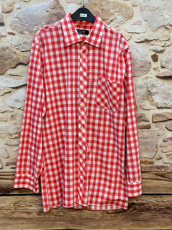 „Vintage Trachtenhemd Herren rot weiß kariert Größe 40 aus Baumwolle“