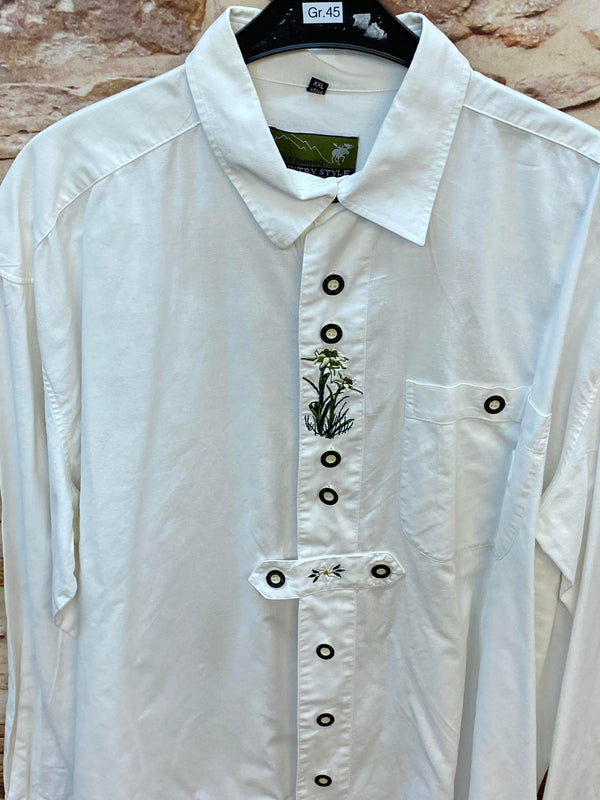 „Weißes Trachtenhemd mit floraler Stickerei und Knopfleiste Detail“